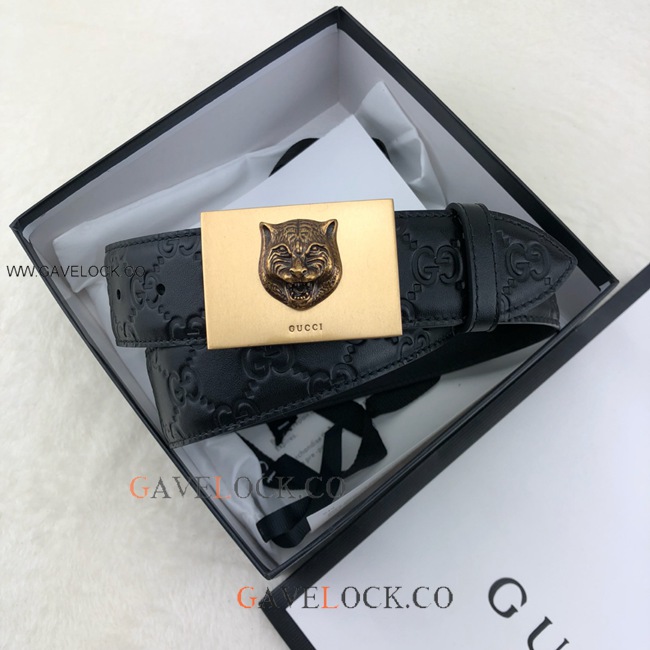 Gucci Monogram Leather Belt Brass Square Tiger Decor Buckle